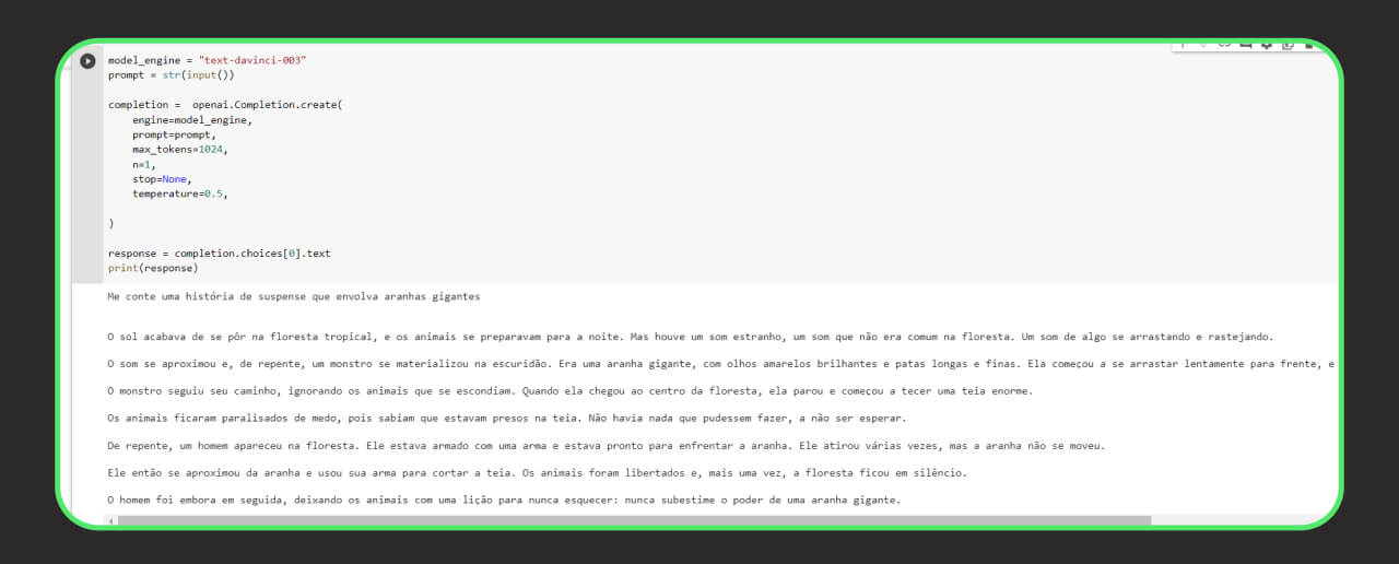 Testando chatGPT a contar história com Python no Google Colab